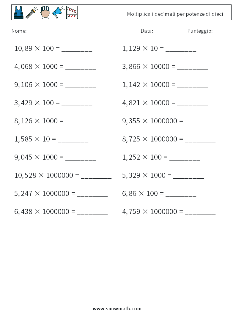 Moltiplica i decimali per potenze di dieci Fogli di lavoro di matematica 3