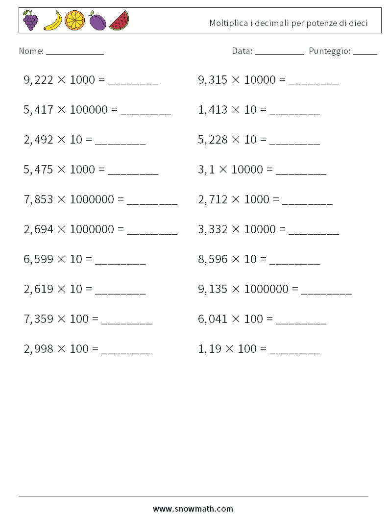Moltiplica i decimali per potenze di dieci Fogli di lavoro di matematica 5