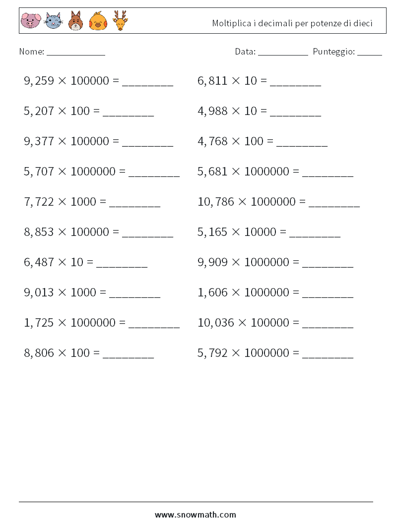 Moltiplica i decimali per potenze di dieci Fogli di lavoro di matematica 6