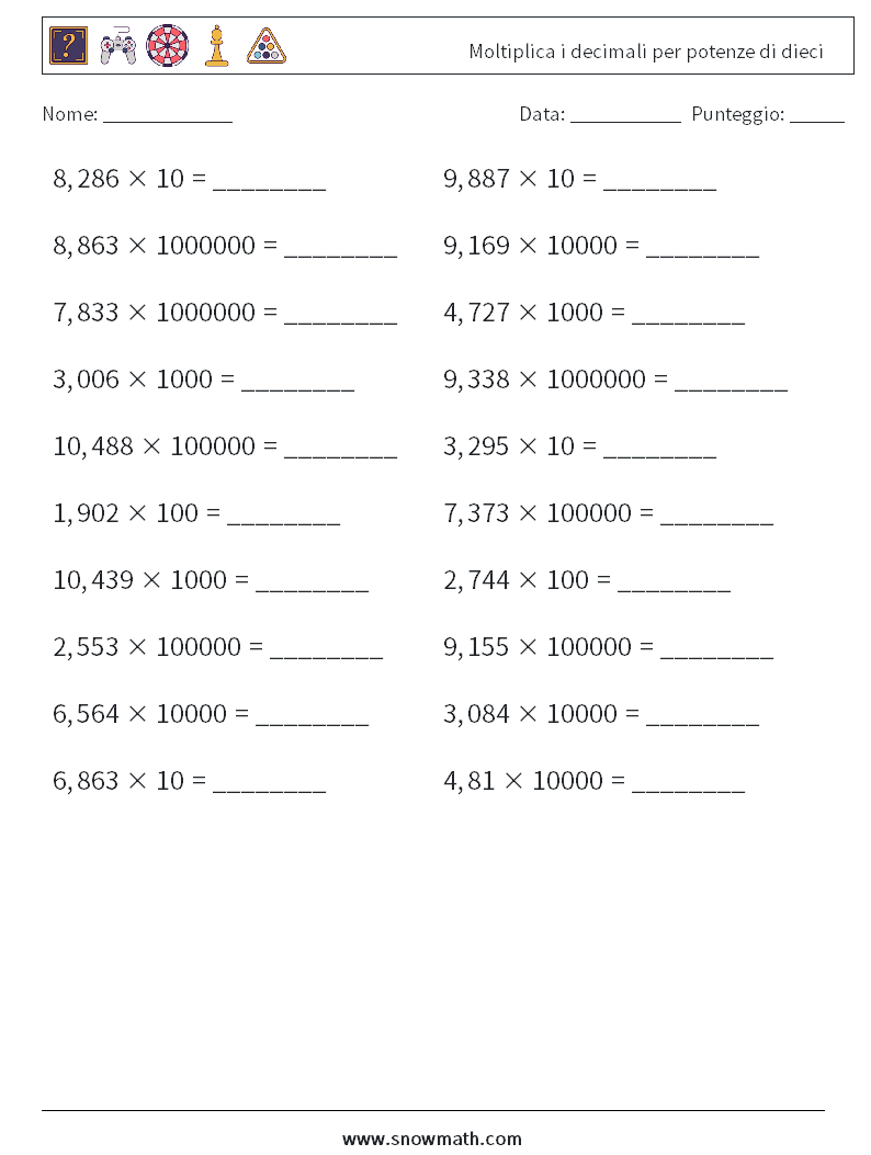 Moltiplica i decimali per potenze di dieci Fogli di lavoro di matematica 9
