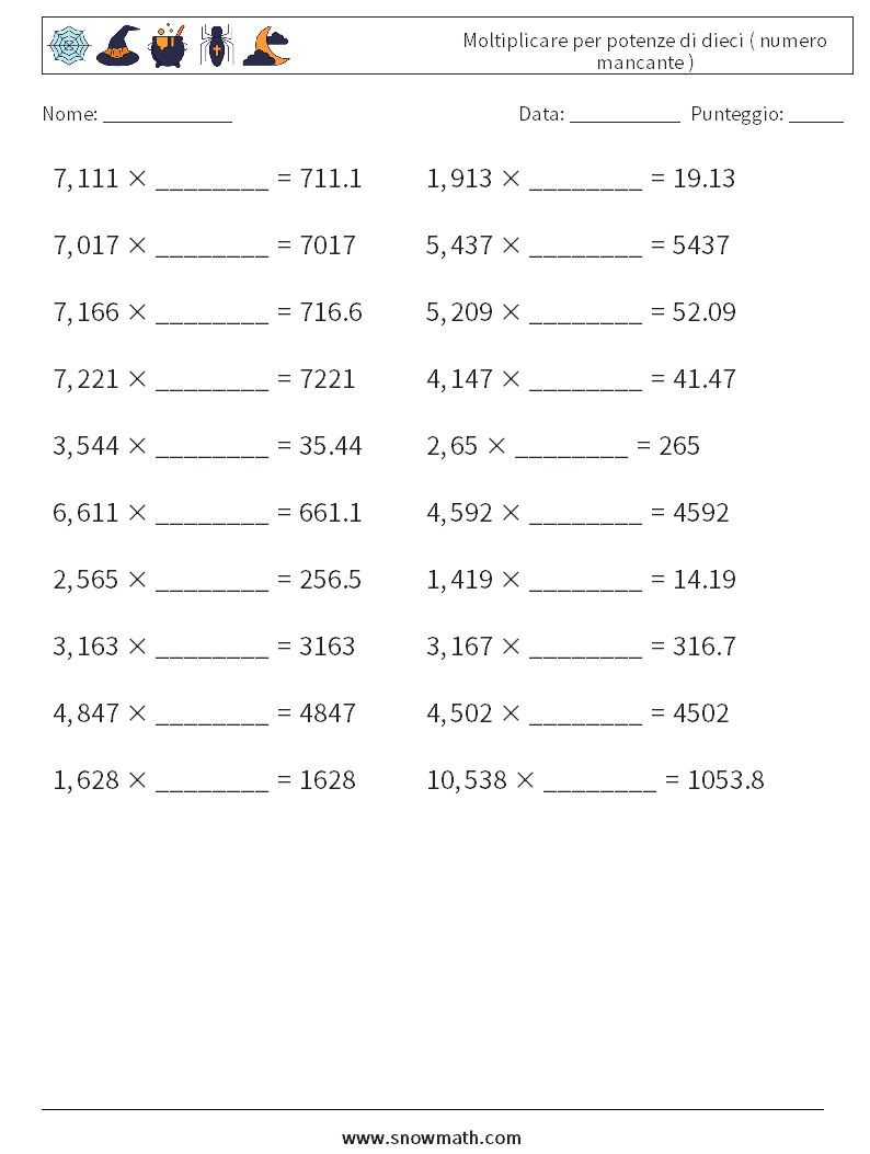 Moltiplicare per potenze di dieci ( numero mancante ) Fogli di lavoro di matematica 1