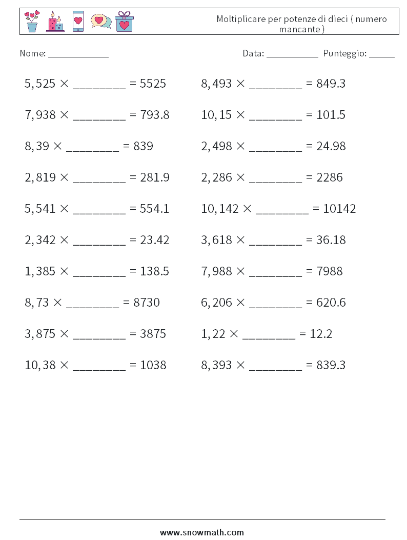 Moltiplicare per potenze di dieci ( numero mancante ) Fogli di lavoro di matematica 10