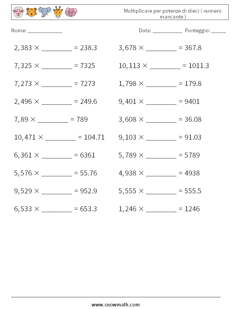 Moltiplicare per potenze di dieci ( numero mancante ) Fogli di lavoro di matematica 11