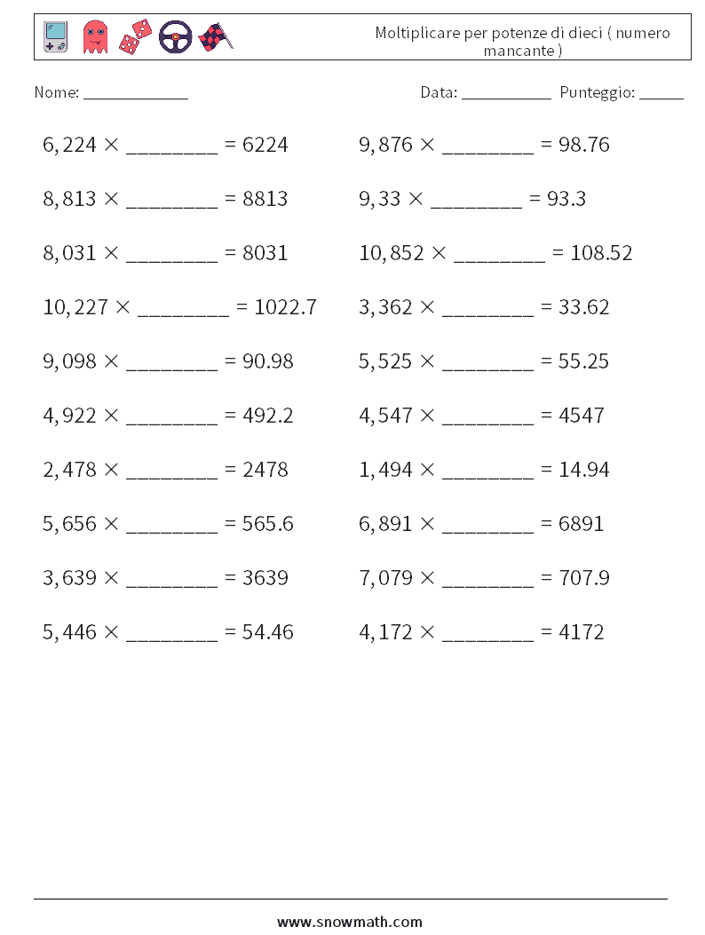 Moltiplicare per potenze di dieci ( numero mancante ) Fogli di lavoro di matematica 12