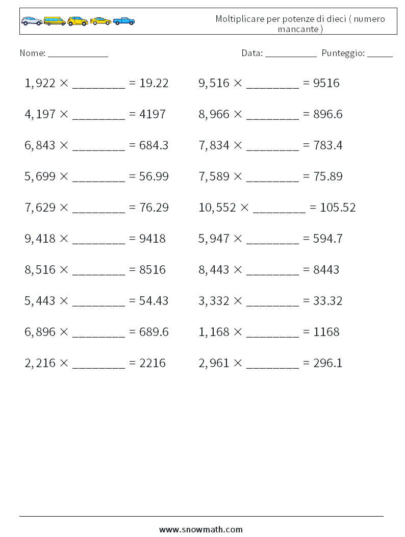 Moltiplicare per potenze di dieci ( numero mancante ) Fogli di lavoro di matematica 13