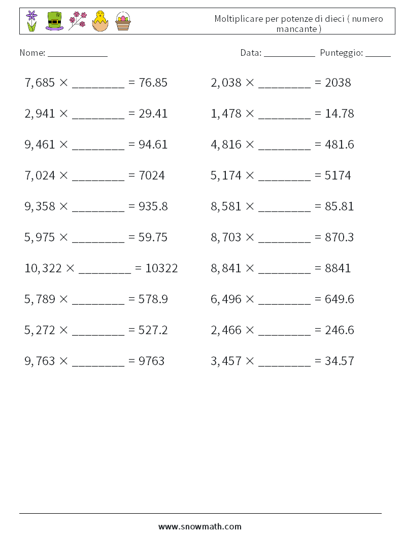 Moltiplicare per potenze di dieci ( numero mancante ) Fogli di lavoro di matematica 14