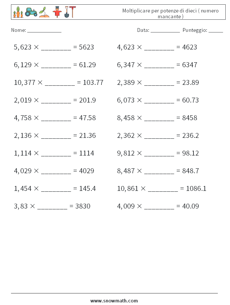 Moltiplicare per potenze di dieci ( numero mancante ) Fogli di lavoro di matematica 15