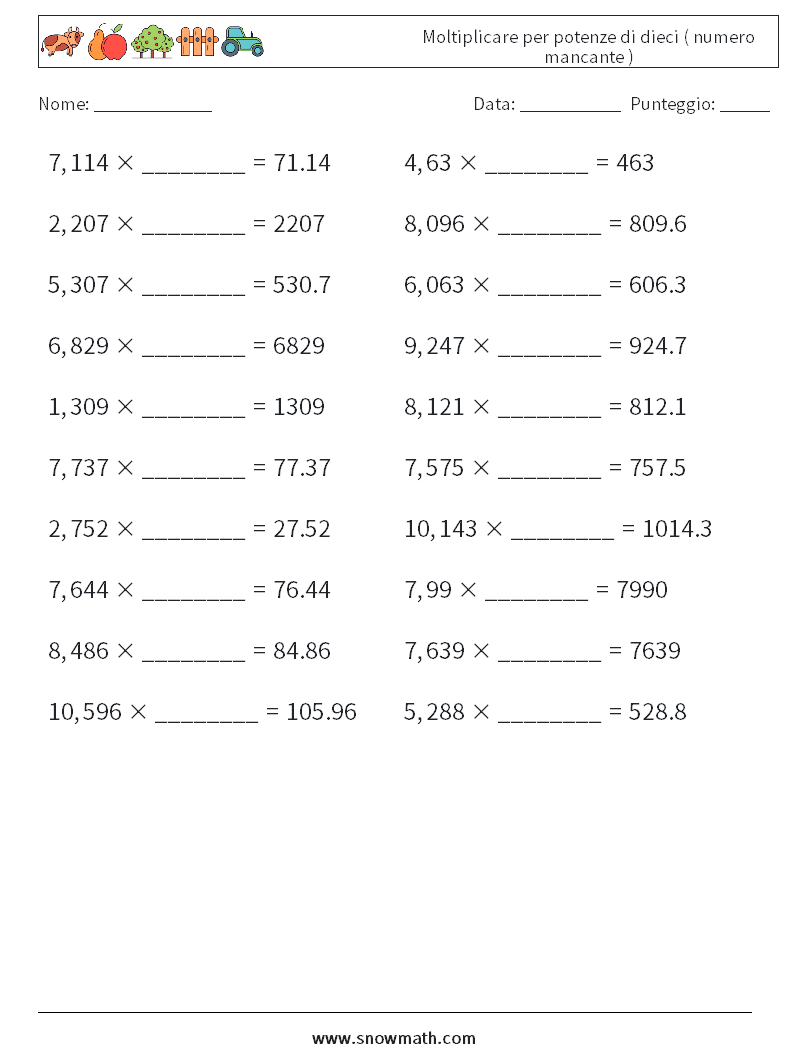 Moltiplicare per potenze di dieci ( numero mancante ) Fogli di lavoro di matematica 16