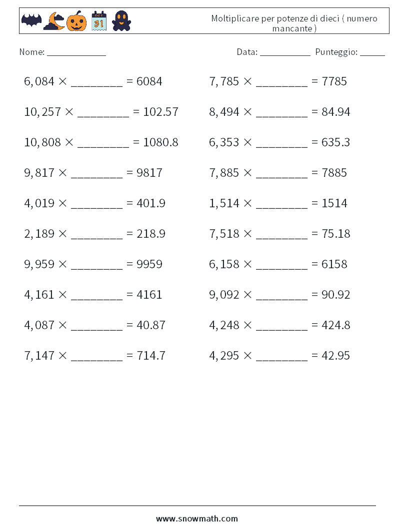 Moltiplicare per potenze di dieci ( numero mancante ) Fogli di lavoro di matematica 17