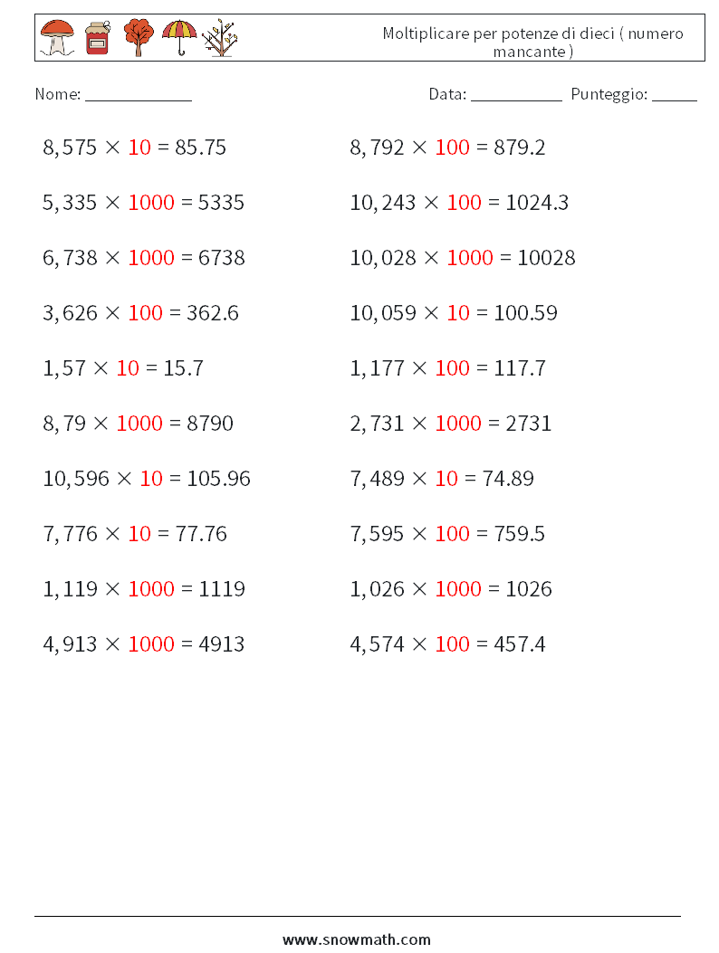 Moltiplicare per potenze di dieci ( numero mancante ) Fogli di lavoro di matematica 18 Domanda, Risposta