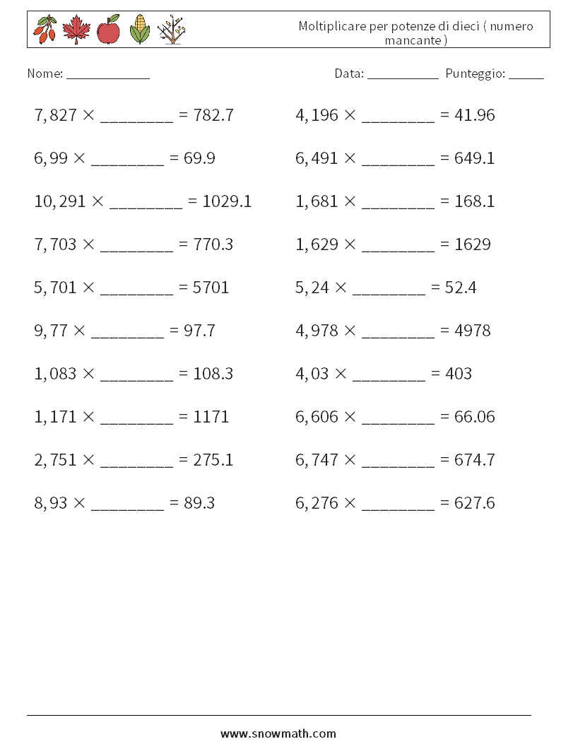 Moltiplicare per potenze di dieci ( numero mancante ) Fogli di lavoro di matematica 2