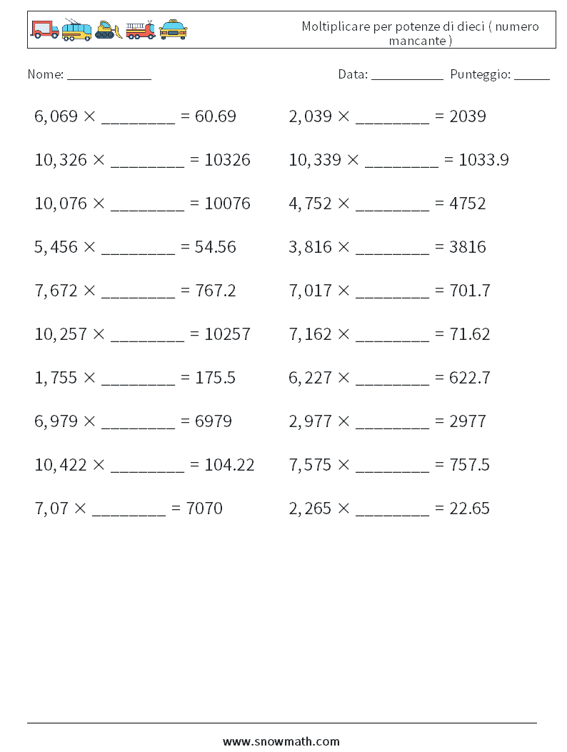 Moltiplicare per potenze di dieci ( numero mancante ) Fogli di lavoro di matematica 3