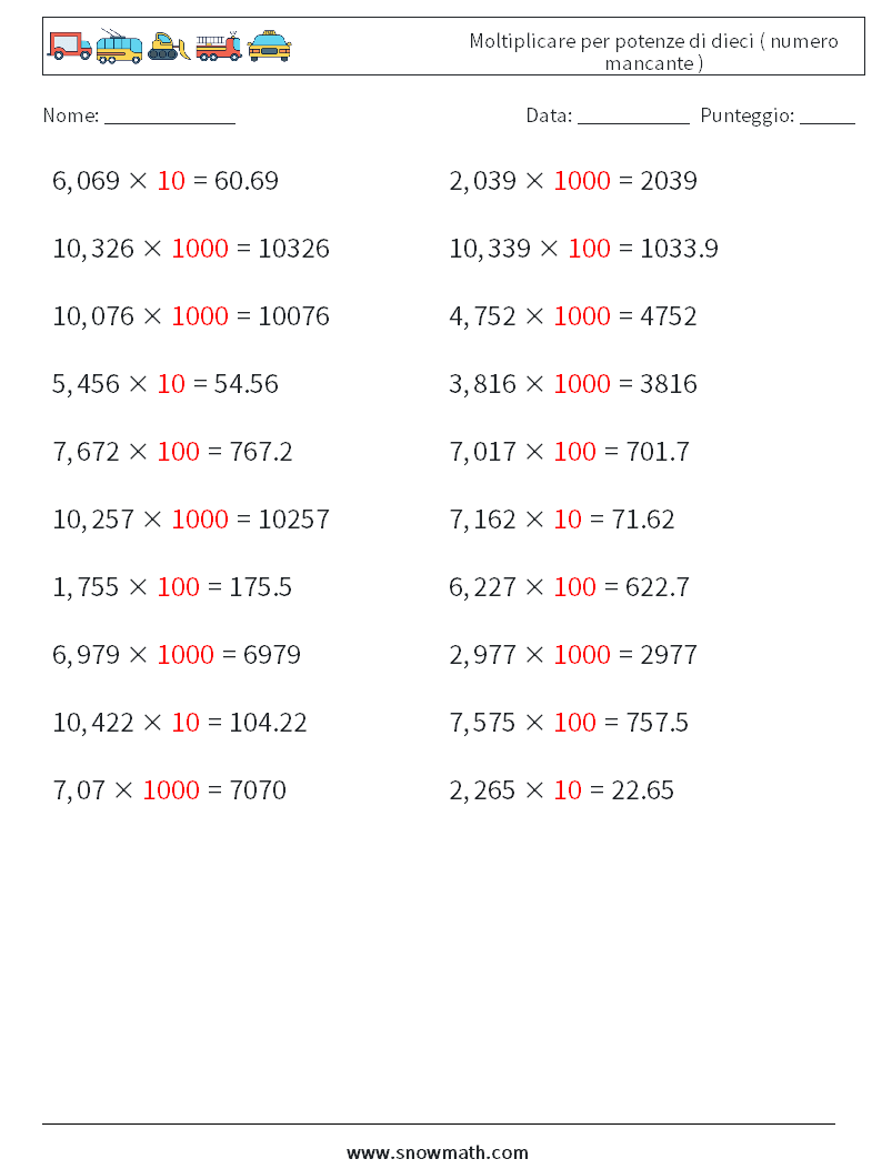 Moltiplicare per potenze di dieci ( numero mancante ) Fogli di lavoro di matematica 3 Domanda, Risposta