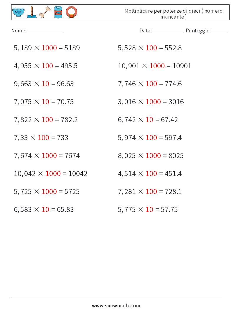 Moltiplicare per potenze di dieci ( numero mancante ) Fogli di lavoro di matematica 4 Domanda, Risposta