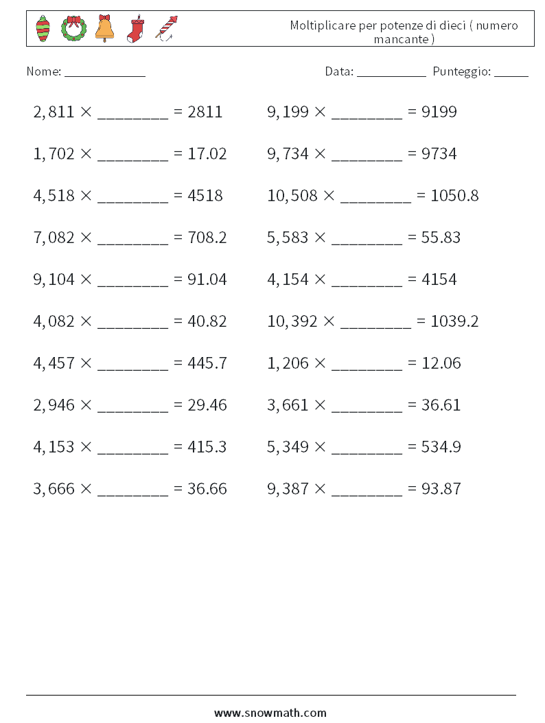 Moltiplicare per potenze di dieci ( numero mancante ) Fogli di lavoro di matematica 5