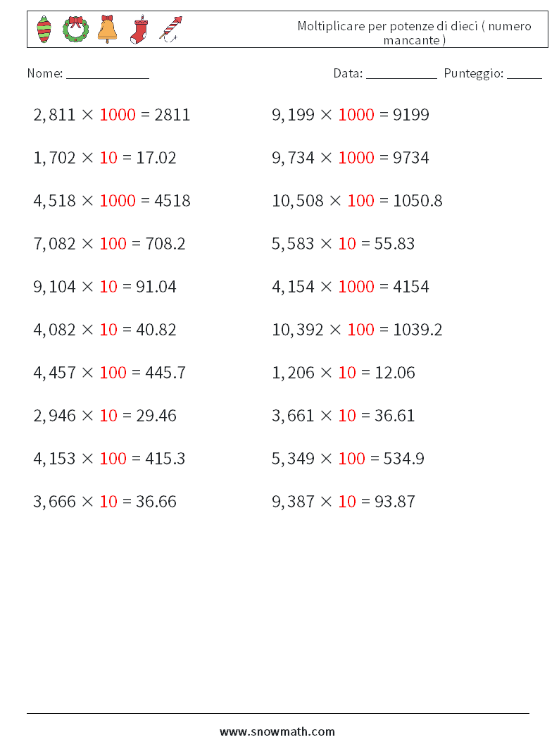 Moltiplicare per potenze di dieci ( numero mancante ) Fogli di lavoro di matematica 5 Domanda, Risposta