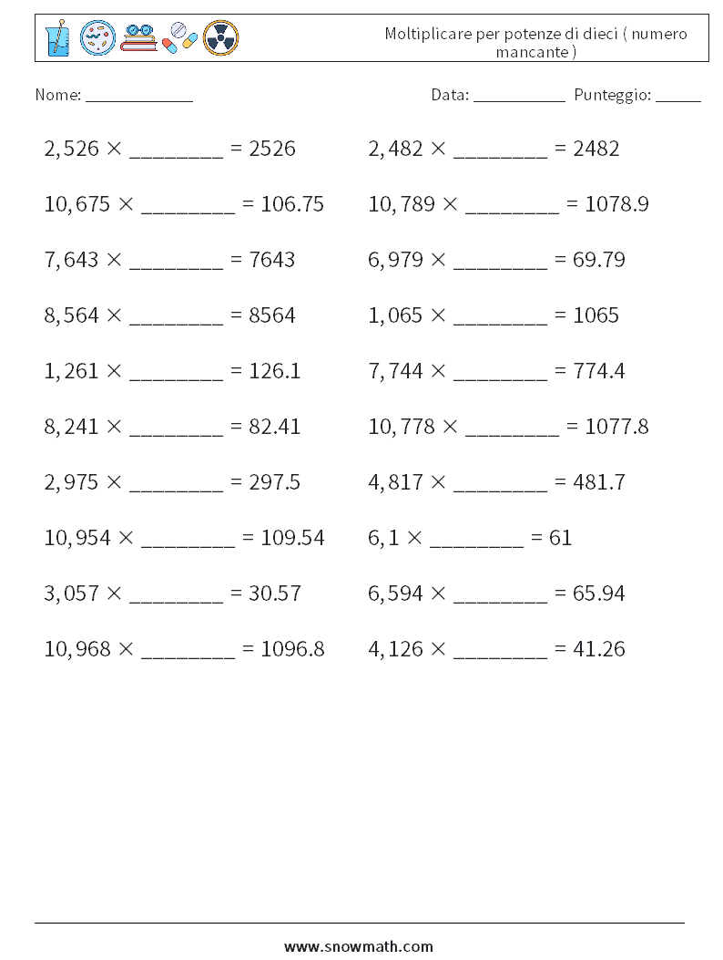 Moltiplicare per potenze di dieci ( numero mancante ) Fogli di lavoro di matematica 6