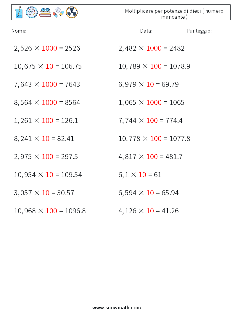 Moltiplicare per potenze di dieci ( numero mancante ) Fogli di lavoro di matematica 6 Domanda, Risposta