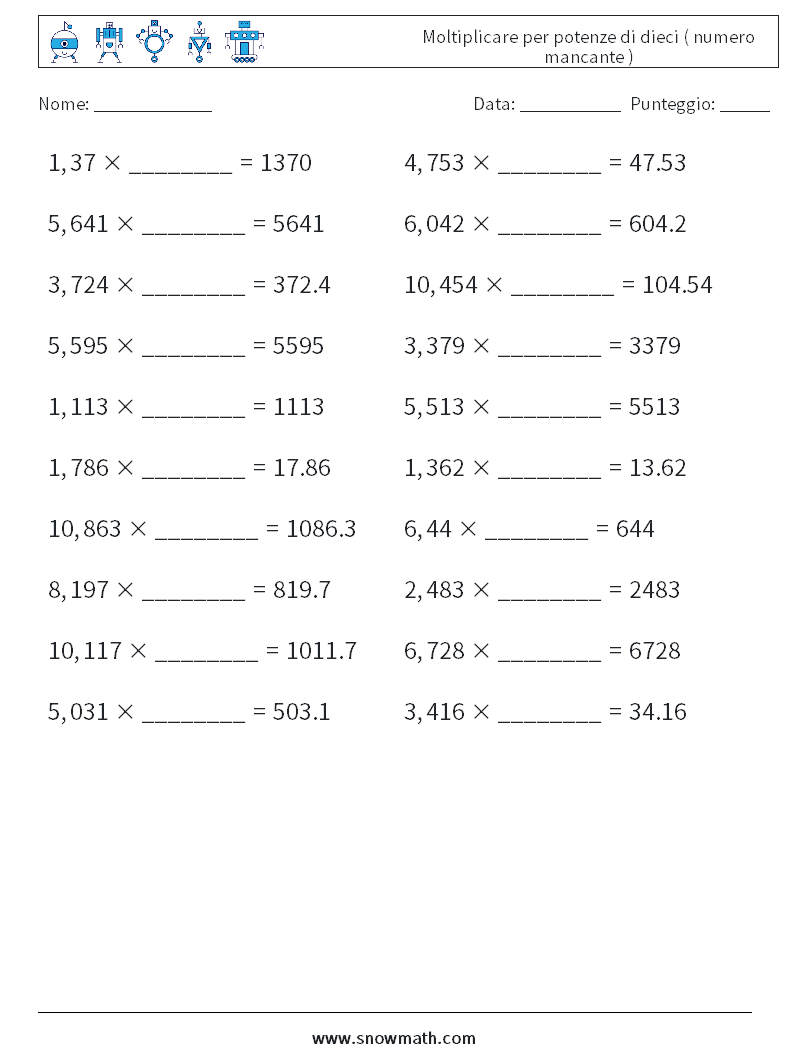 Moltiplicare per potenze di dieci ( numero mancante ) Fogli di lavoro di matematica 7