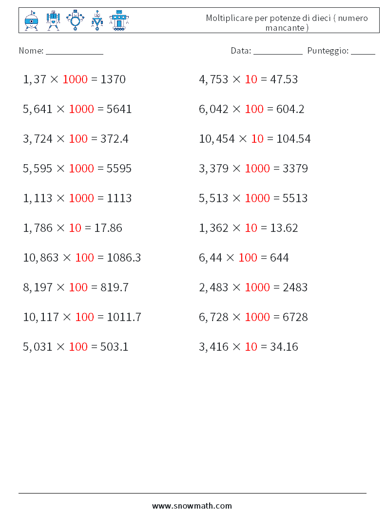 Moltiplicare per potenze di dieci ( numero mancante ) Fogli di lavoro di matematica 7 Domanda, Risposta