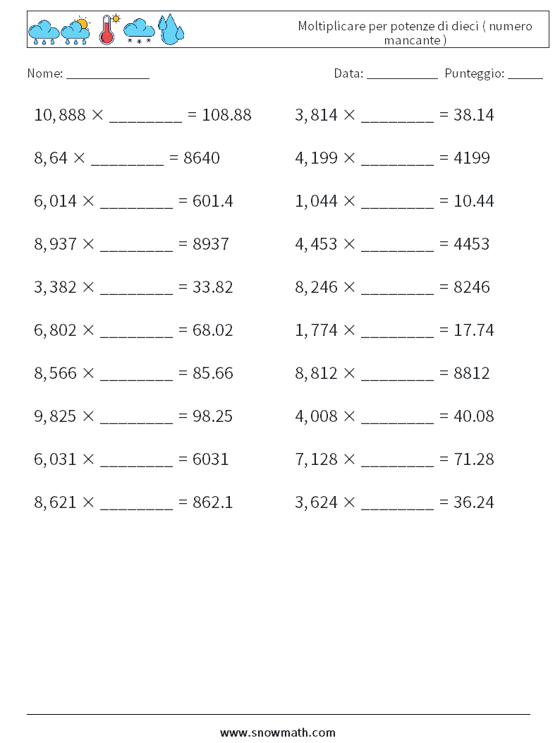 Moltiplicare per potenze di dieci ( numero mancante ) Fogli di lavoro di matematica 8