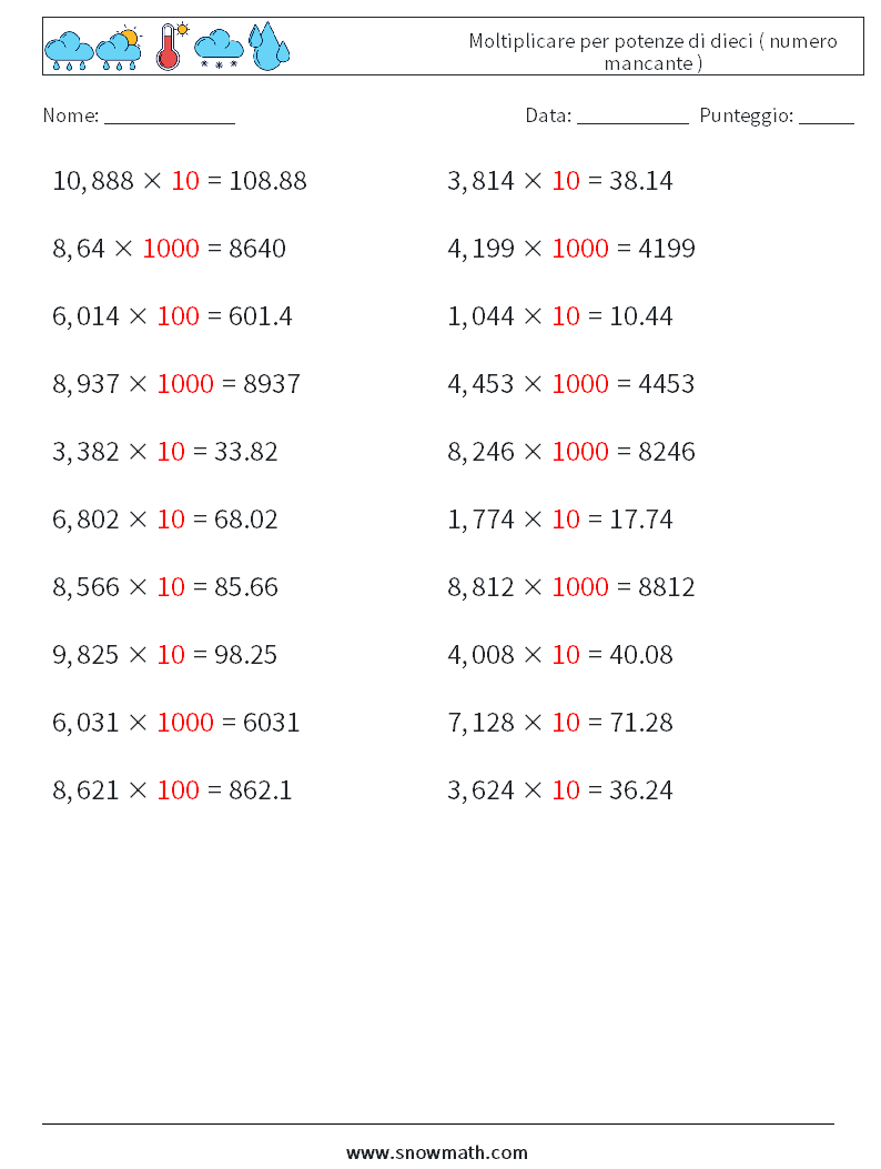 Moltiplicare per potenze di dieci ( numero mancante ) Fogli di lavoro di matematica 8 Domanda, Risposta