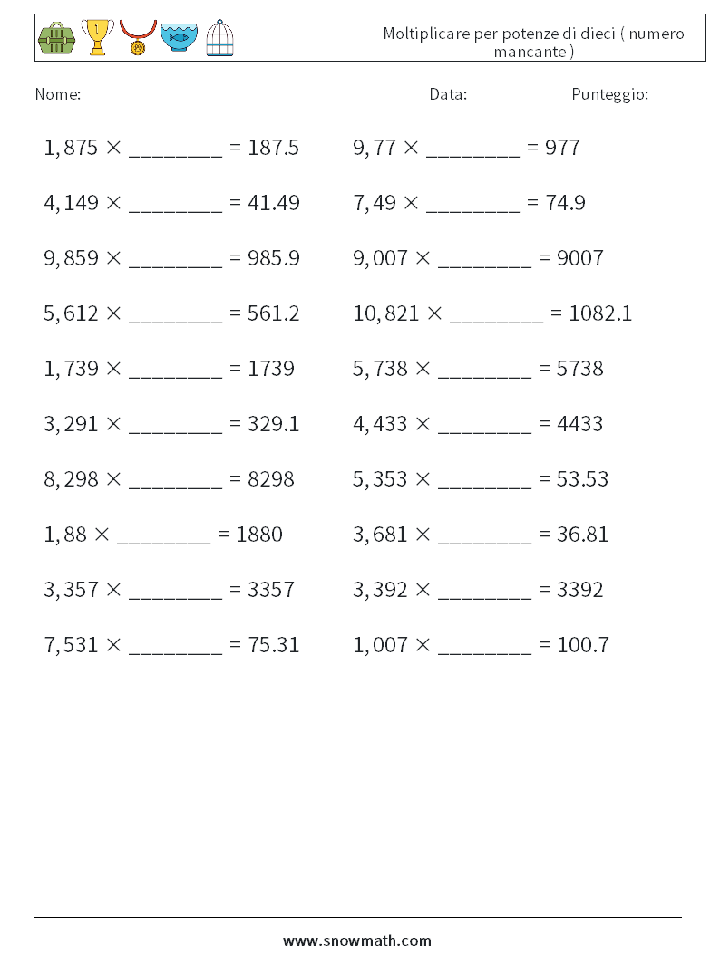 Moltiplicare per potenze di dieci ( numero mancante ) Fogli di lavoro di matematica 9