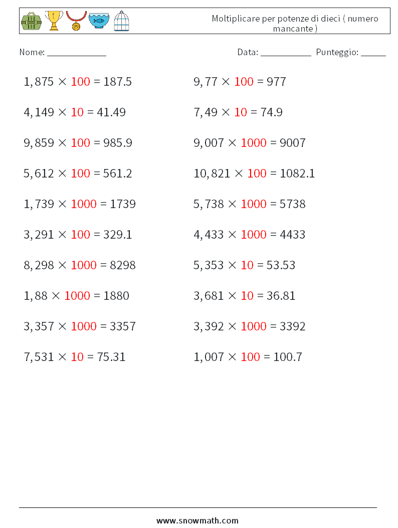 Moltiplicare per potenze di dieci ( numero mancante ) Fogli di lavoro di matematica 9 Domanda, Risposta