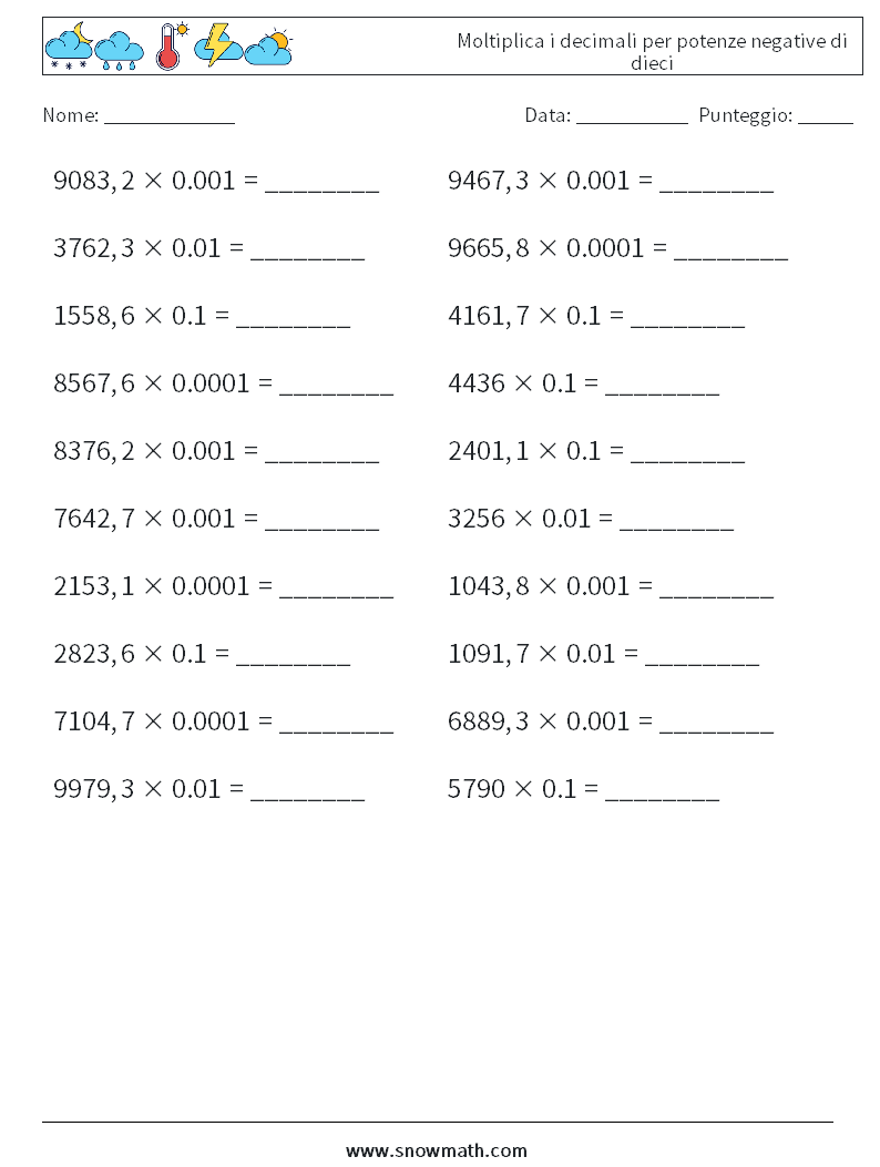 Moltiplica i decimali per potenze negative di dieci Fogli di lavoro di matematica 1