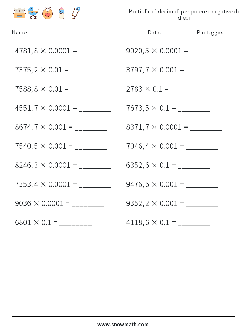 Moltiplica i decimali per potenze negative di dieci Fogli di lavoro di matematica 10