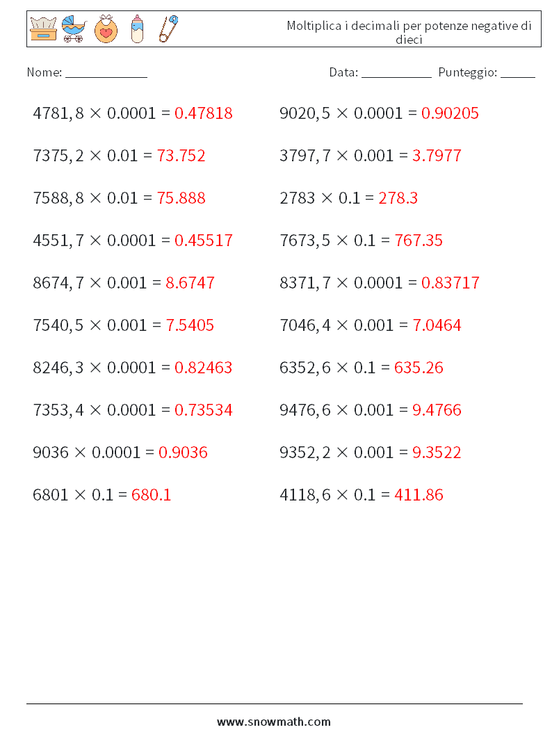 Moltiplica i decimali per potenze negative di dieci Fogli di lavoro di matematica 10 Domanda, Risposta