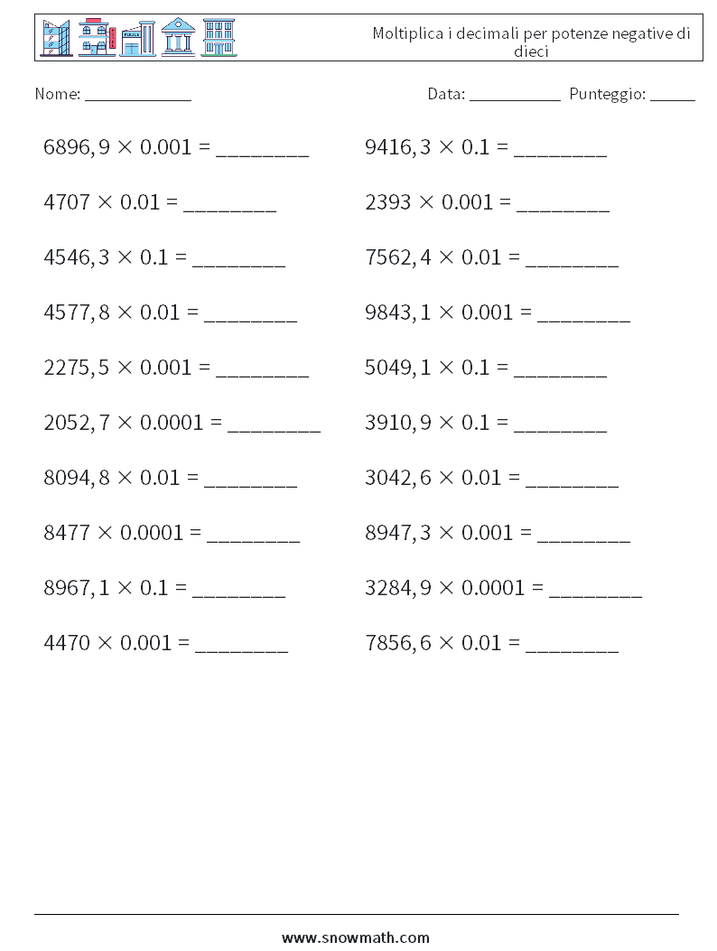 Moltiplica i decimali per potenze negative di dieci Fogli di lavoro di matematica 11