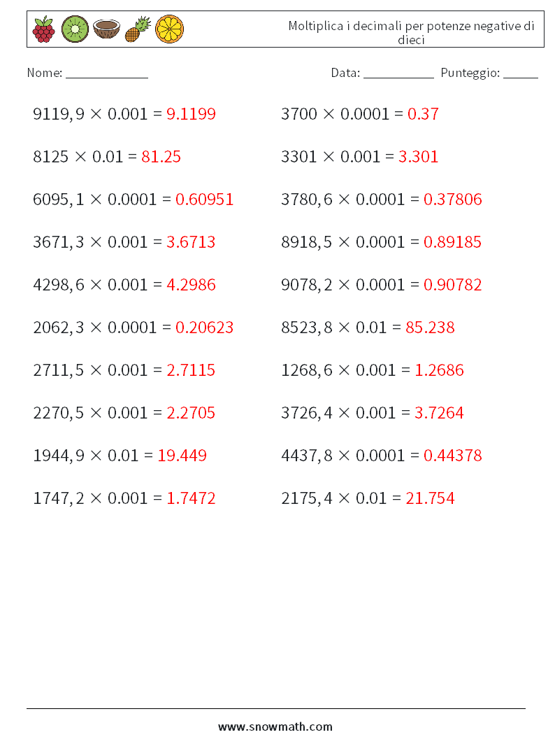 Moltiplica i decimali per potenze negative di dieci Fogli di lavoro di matematica 12 Domanda, Risposta