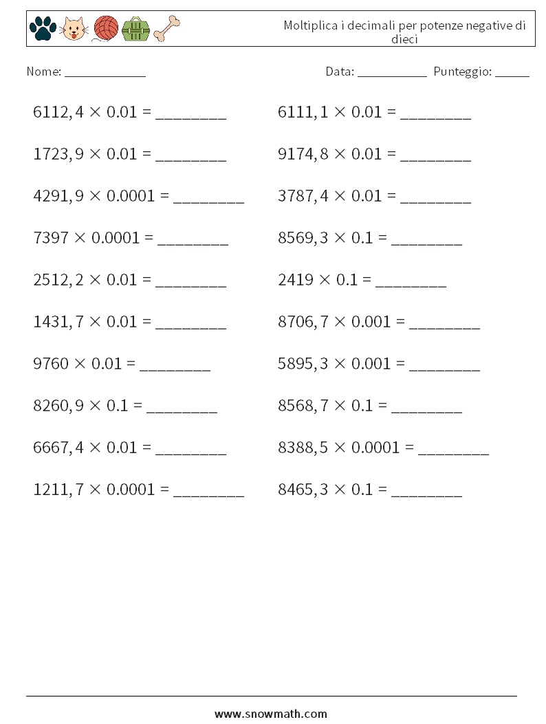 Moltiplica i decimali per potenze negative di dieci Fogli di lavoro di matematica 13