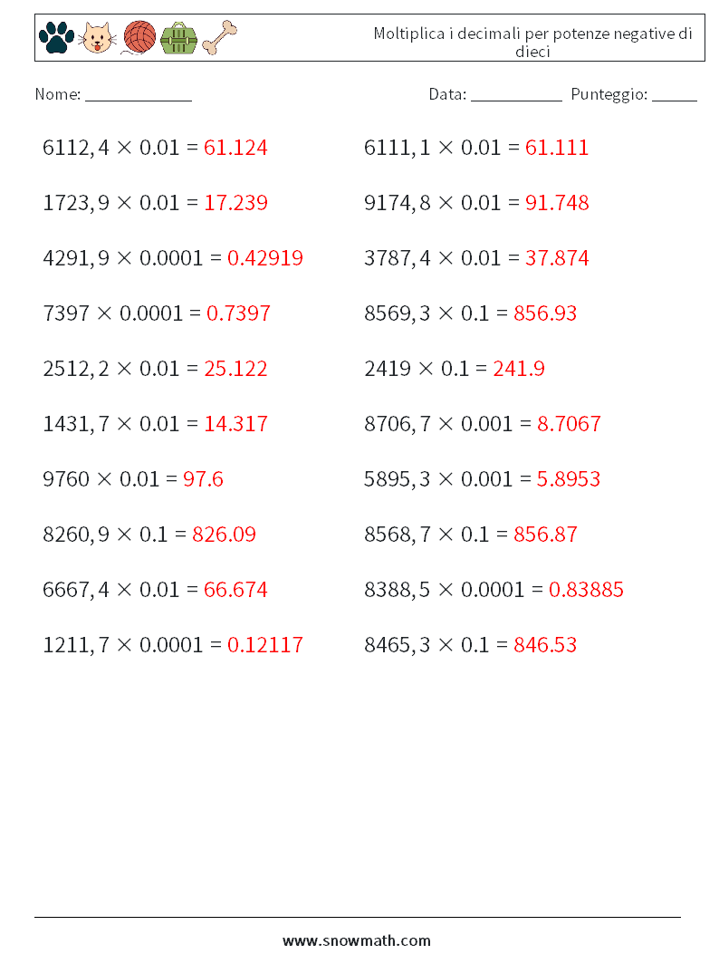 Moltiplica i decimali per potenze negative di dieci Fogli di lavoro di matematica 13 Domanda, Risposta