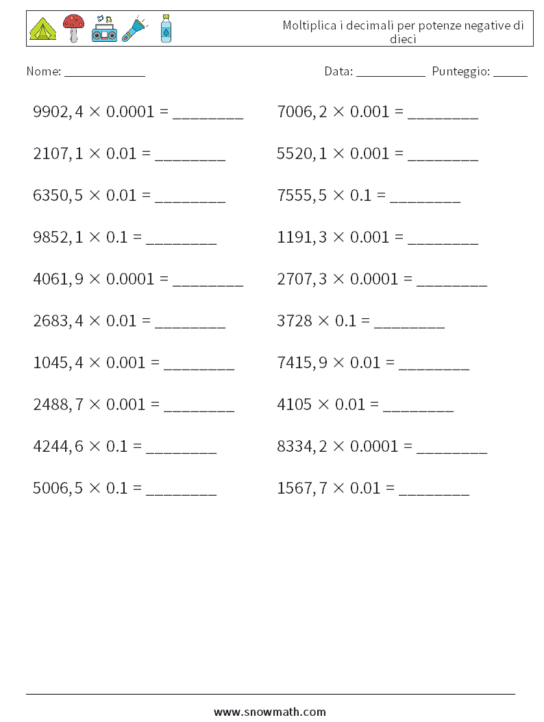 Moltiplica i decimali per potenze negative di dieci Fogli di lavoro di matematica 14