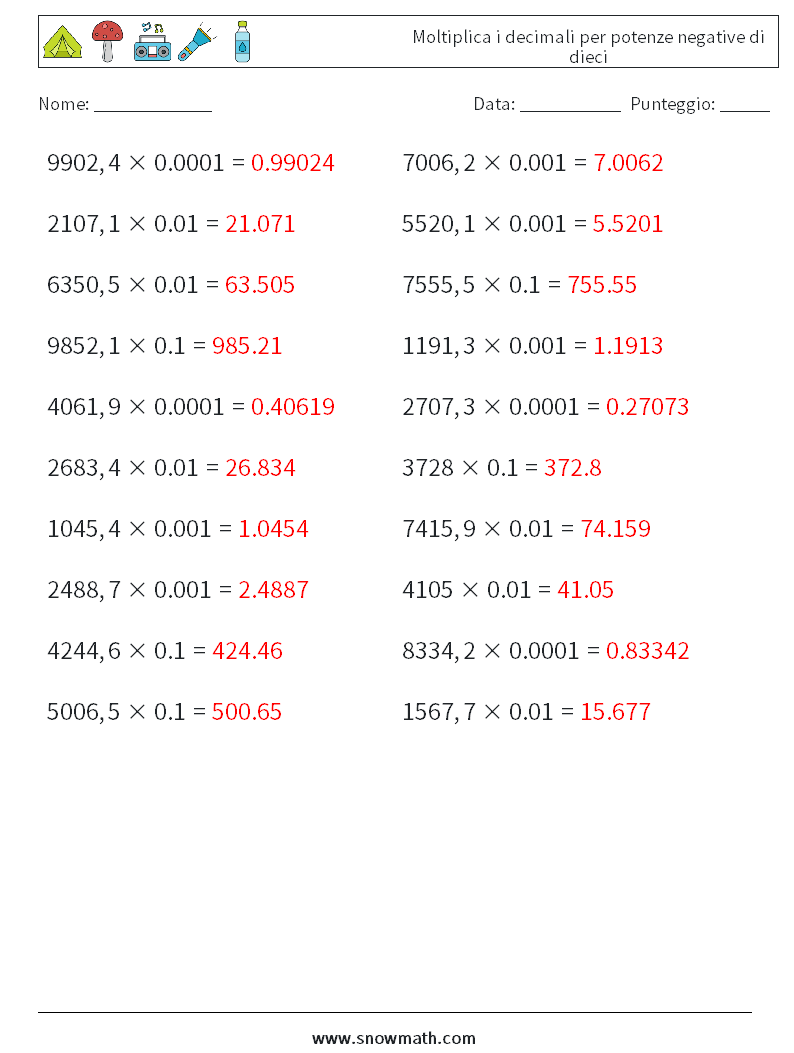 Moltiplica i decimali per potenze negative di dieci Fogli di lavoro di matematica 14 Domanda, Risposta