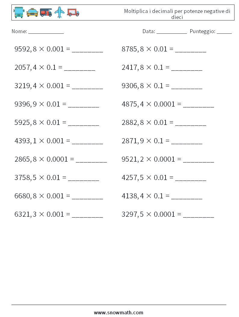 Moltiplica i decimali per potenze negative di dieci Fogli di lavoro di matematica 16