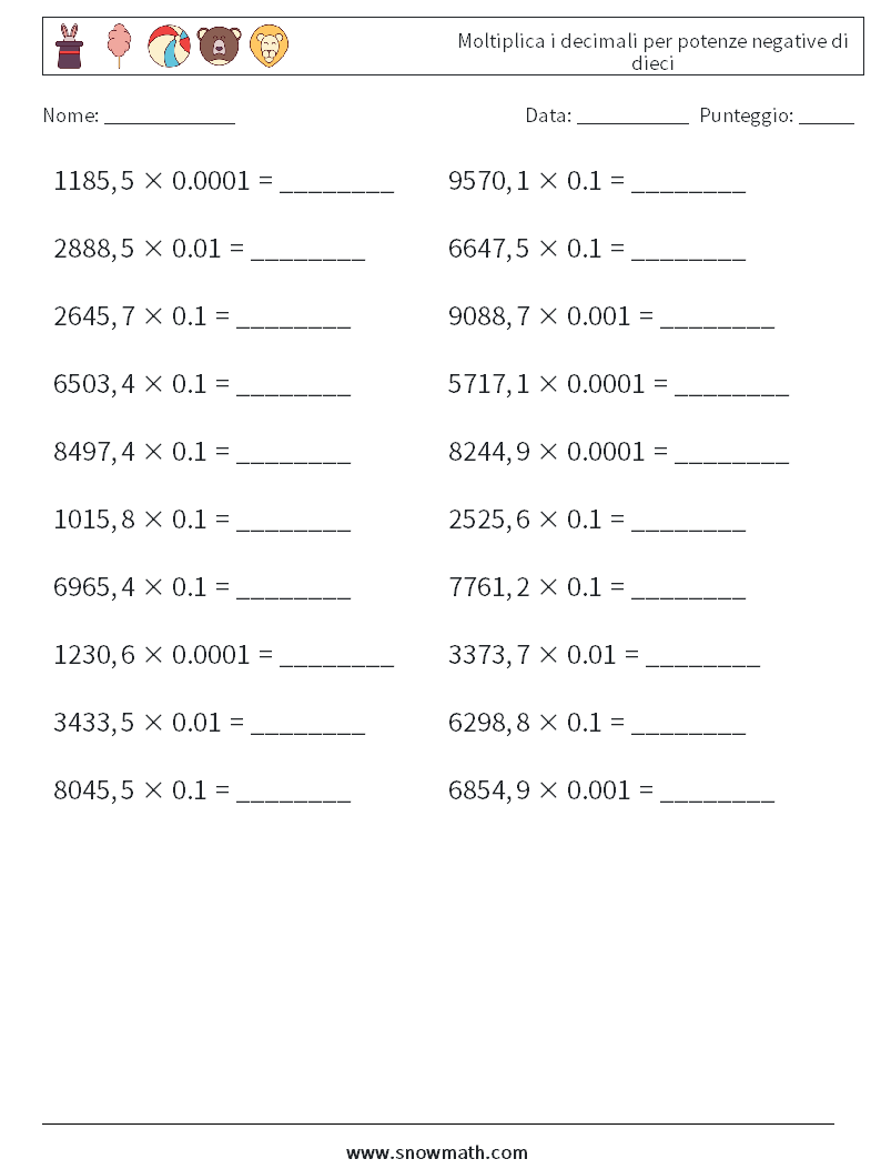 Moltiplica i decimali per potenze negative di dieci Fogli di lavoro di matematica 17