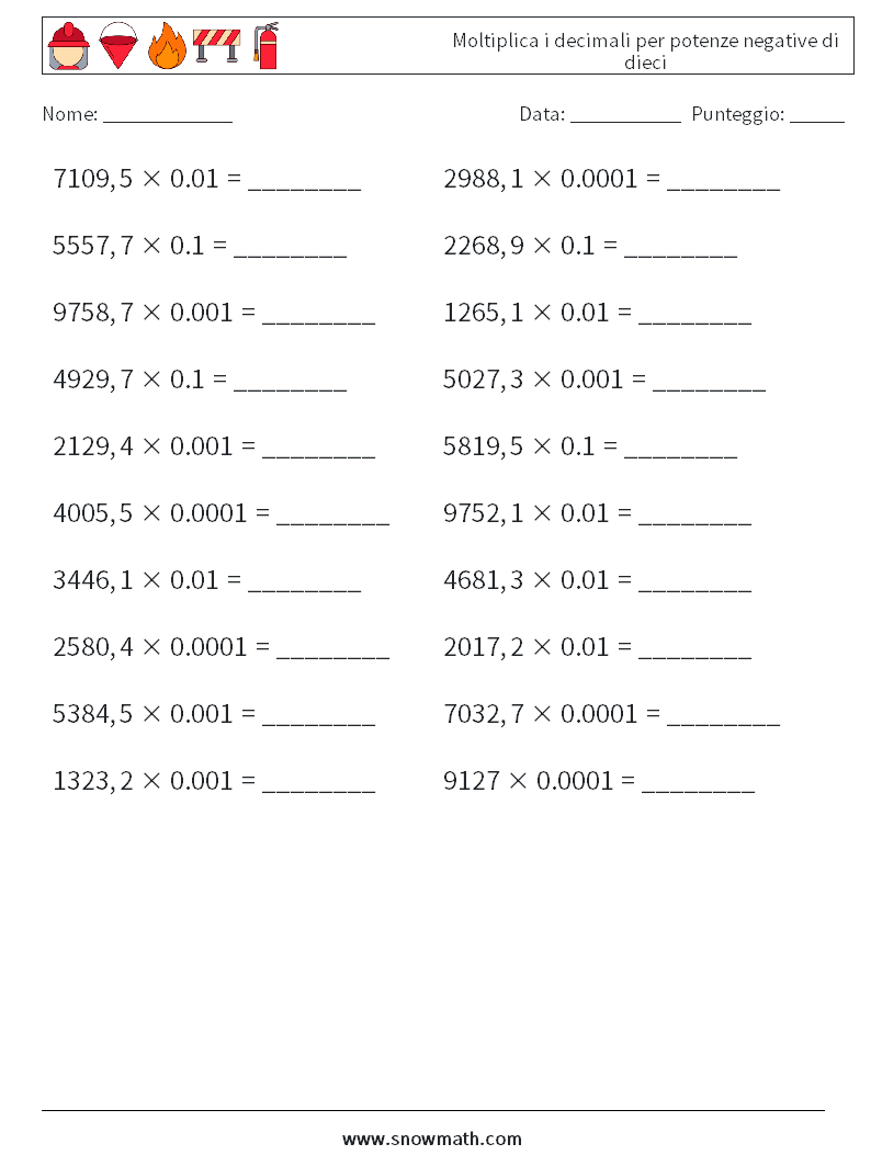 Moltiplica i decimali per potenze negative di dieci Fogli di lavoro di matematica 2