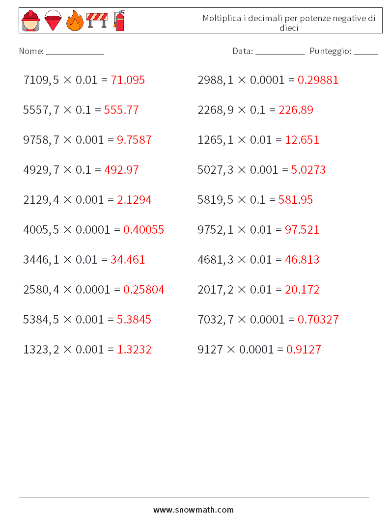 Moltiplica i decimali per potenze negative di dieci Fogli di lavoro di matematica 2 Domanda, Risposta