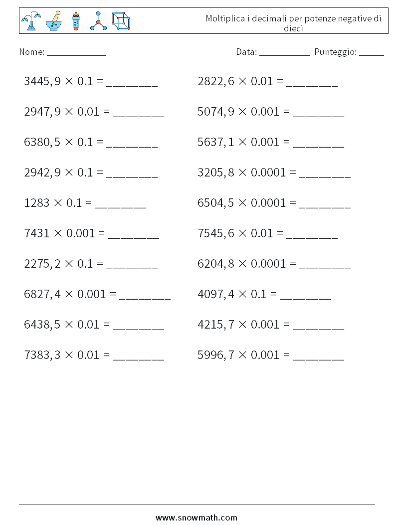 Moltiplica i decimali per potenze negative di dieci Fogli di lavoro di matematica 3