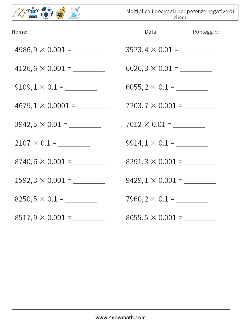 Moltiplica i decimali per potenze negative di dieci Fogli di lavoro di matematica 4