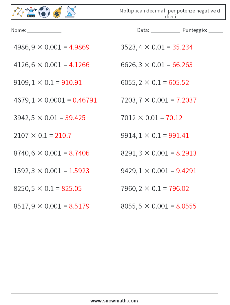 Moltiplica i decimali per potenze negative di dieci Fogli di lavoro di matematica 4 Domanda, Risposta