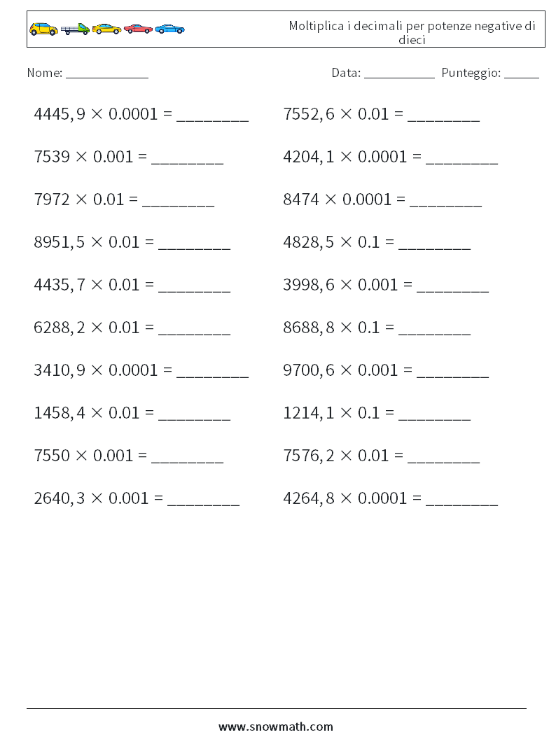 Moltiplica i decimali per potenze negative di dieci Fogli di lavoro di matematica 5