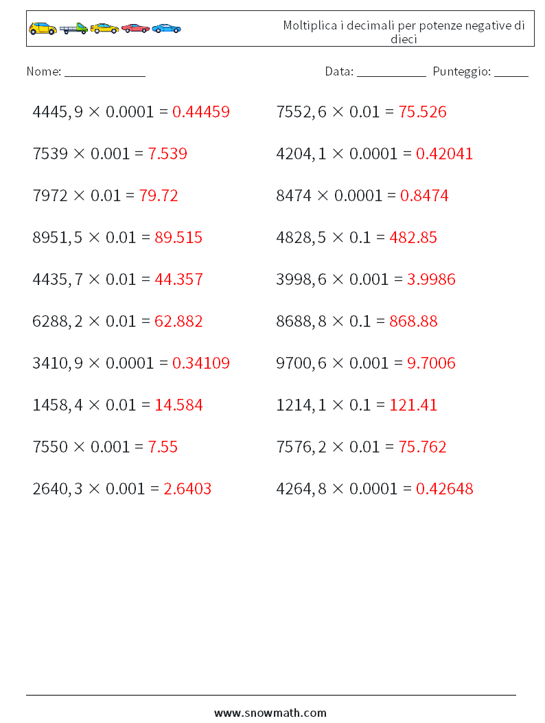 Moltiplica i decimali per potenze negative di dieci Fogli di lavoro di matematica 5 Domanda, Risposta