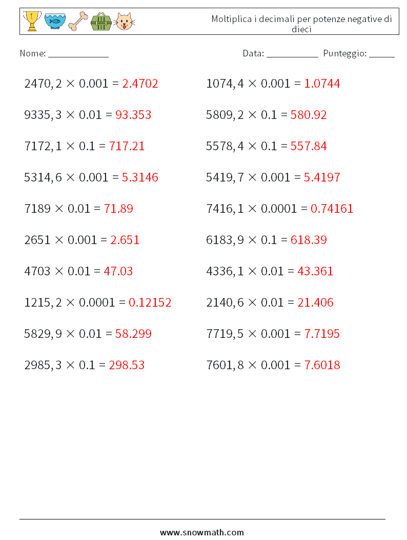 Moltiplica i decimali per potenze negative di dieci Fogli di lavoro di matematica 6 Domanda, Risposta