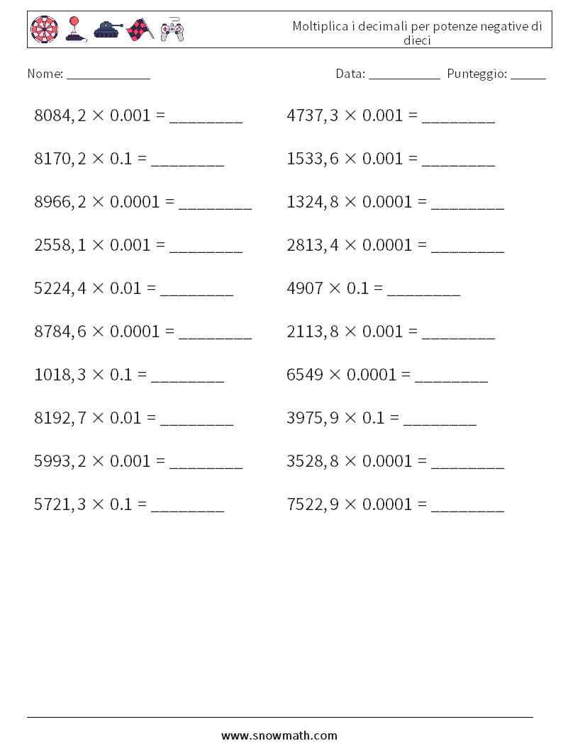 Moltiplica i decimali per potenze negative di dieci Fogli di lavoro di matematica 7