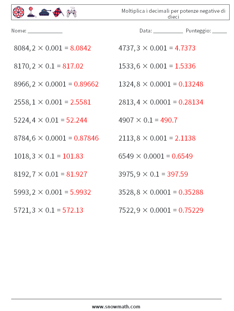 Moltiplica i decimali per potenze negative di dieci Fogli di lavoro di matematica 7 Domanda, Risposta