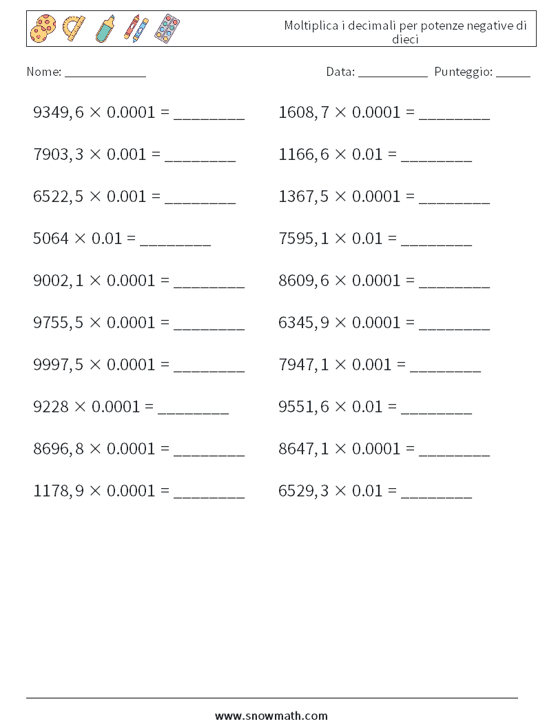 Moltiplica i decimali per potenze negative di dieci Fogli di lavoro di matematica 8